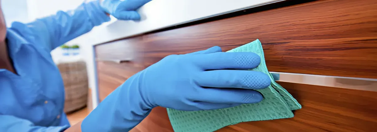Cleaner wearing blue gloves wiping a wooden cabinet drawer with a microfiber cloth for dust and grime removal, Tallahassee, FL.