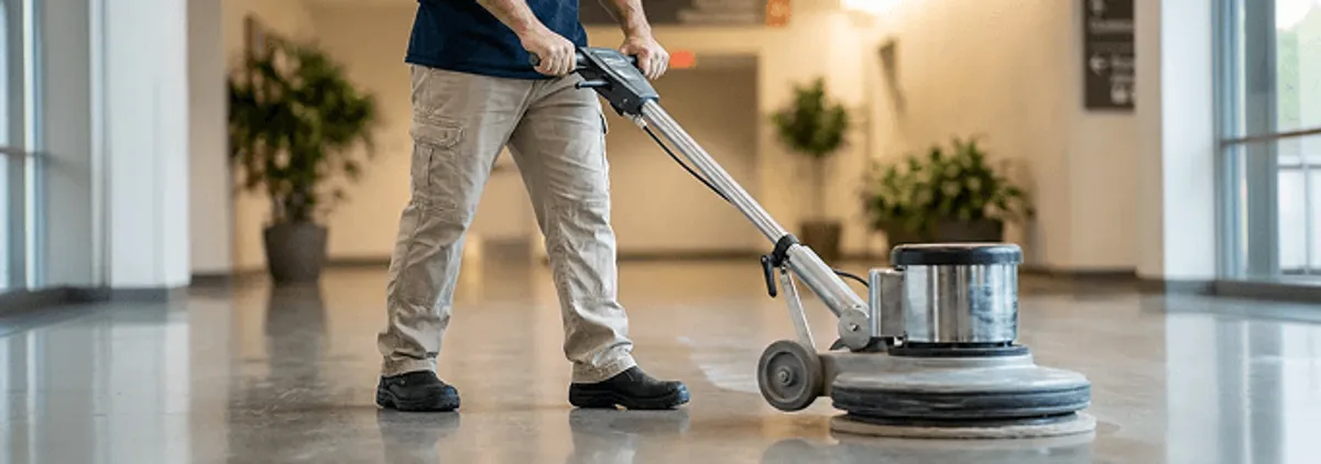 Professional technician using an industrial floor buffer to polish and maintain shiny commercial flooring in a corporate hallway in Tallahassee, FL.