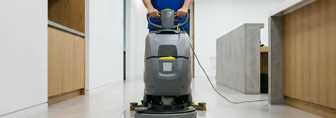 Janitorial staff using a floor scrubber machine to clean a commercial hallway, Tallahassee, FL.
