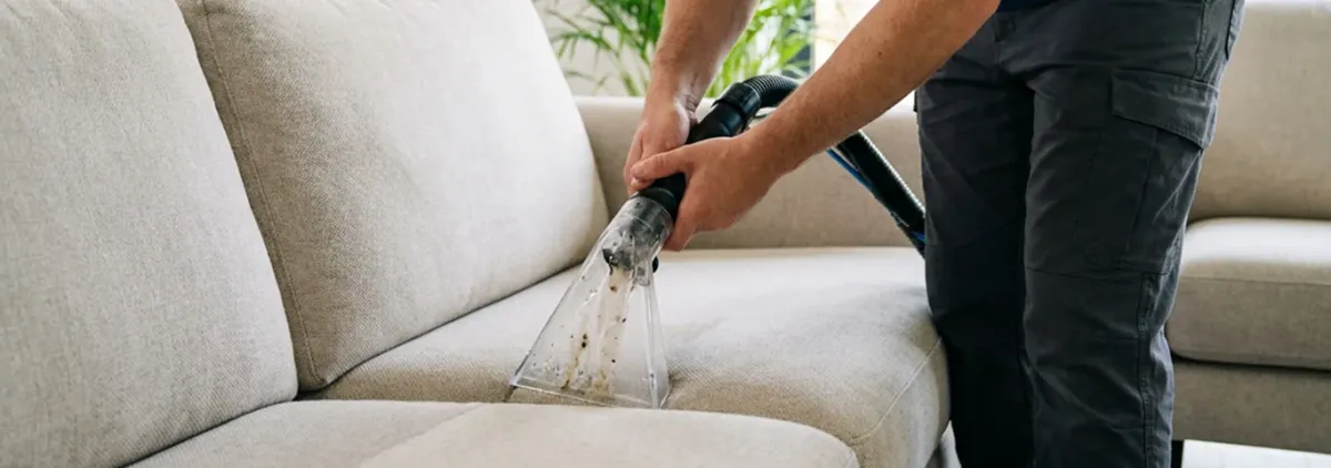 Technician extracting dirt and moisture from a fabric sofa with an upholstery cleaning wand, Tallahassee, FL.